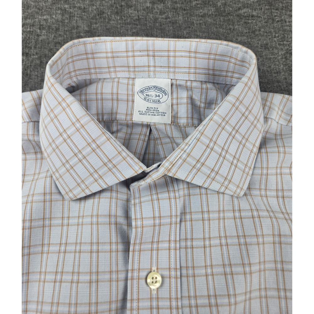 Brooks Brothers Dress Shirt Mens 16.5 34 Blue Plaid Slim Fit Supima Cotton 0063